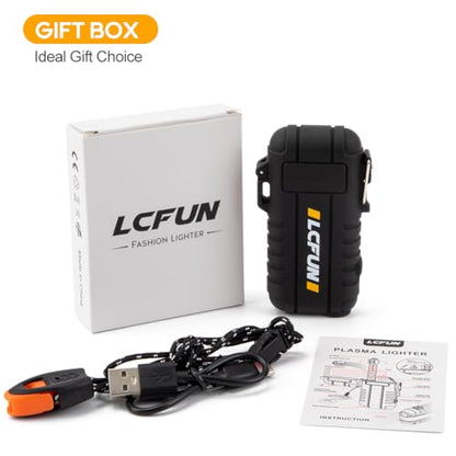 LcFun Electric Dual Arc Lighter USB Rechargeable, Windproof Plasma Lighters with LED Battery Indicator, Waterproof Flashlight Lighter with Whistle Lanyard for Camping, Survival Gear