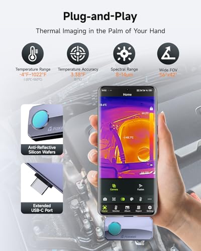 FOXWELL RT100 Thermal Camera for Android (USB-C) Smartphones, 256x192 Super IR Resolution Thermal Imaging Camera, -4°F to 1022°F Thermal Imager for Home/HVAC/Electrical/Plumbing/Automotive Inspection