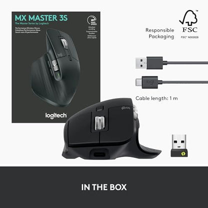 Logitech MX Master 3S - Wireless Performance Mouse with Ultra-fast Scrolling, Ergo, 8K DPI, Track on Glass, Quiet Clicks, USB-C, Bluetooth, Windows, Linux, Chrome - Graphite