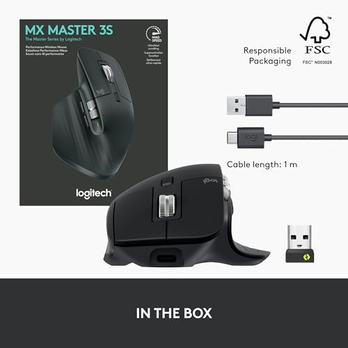 Logitech MX Master 3S - Wireless Performance Mouse with Ultra-fast Scrolling, Ergo, 8K DPI, Track on Glass, Quiet Clicks, USB-C, Bluetooth, Windows, Linux, Chrome - Graphite