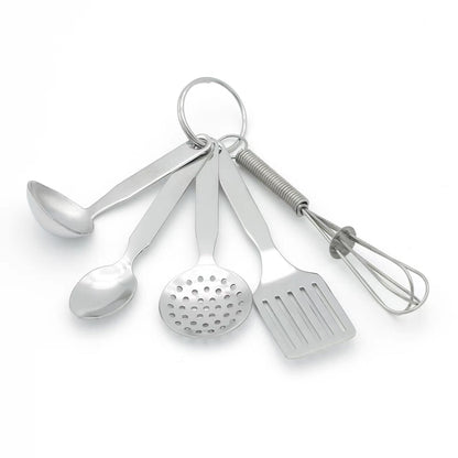 LEADUP Mini Stainless Steel Kitchen Tool Set with Keychain(3.5"),Set of 5,Includes Whisk, Spatula, Spoon, Skimmer,Soup ladle