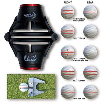 BIRDIE79 Birdie Liner Black Golf Ball Marker Alignment Tool Kit - 360-Degree Triple Line Stencil with 3-Color Pens and Gift Box - Premium Quality