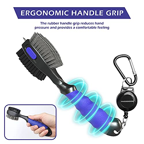 THIODOON 2 Pack Golf Club Brushes and Groove Cleaner 2 ft Retractable Zipline Carabiner Oversized Golf Brush Head with Retractable Spike Comfortable Grip Golf Club Cleaner