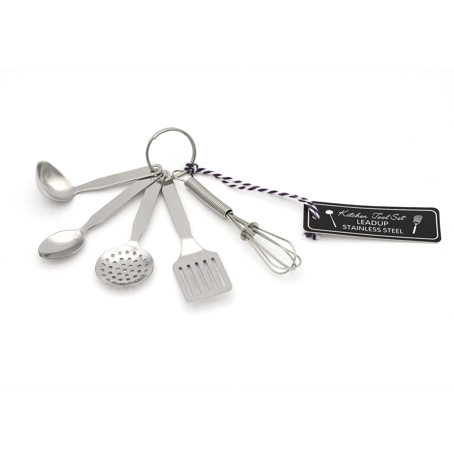 LEADUP Mini Stainless Steel Kitchen Tool Set with Keychain(3.5"),Set of 5,Includes Whisk, Spatula, Spoon, Skimmer,Soup ladle