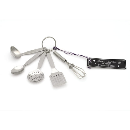 LEADUP Mini Stainless Steel Kitchen Tool Set with Keychain(3.5"),Set of 5,Includes Whisk, Spatula, Spoon, Skimmer,Soup ladle