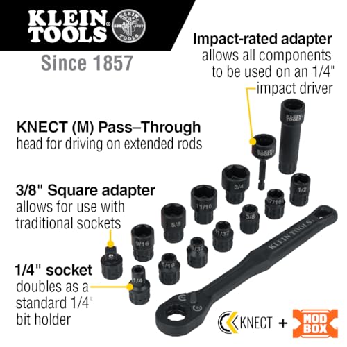 Klein Tools 65400 KNECT 15-Piece Pass Through Socket Set, SAE Impact Socket Set with MODbox Case, Sockets, Bits, Accessories and 3/8-Inch Drive Adapter