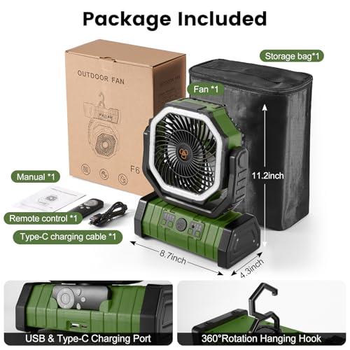Odoland 30000mAh Camping Fan with LED Lantern, Rechargeable Battery Operated Oscillating with Remote Hook Stroage Bag, Portable Tent Fan with Timer, 4 Speeds for Outdoor RV Jobsite Power Outage, Green