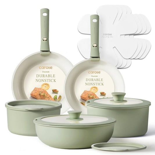 CAROTE Pots and Pans Set, Nonstick Cookware Set Detachable Handle, 15pcs Induction Kitchen Cookware Sets Non Stick with Removable Handle, RV Cookware Set, Oven Safe, Sage Green