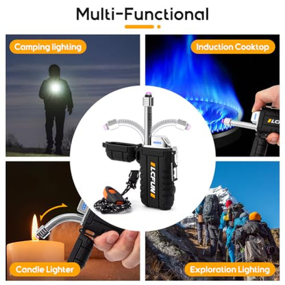 LcFun Electric Dual Arc Lighter USB Rechargeable, Windproof Plasma Lighters with LED Battery Indicator, Waterproof Flashlight Lighter with Whistle Lanyard for Camping, Survival Gear