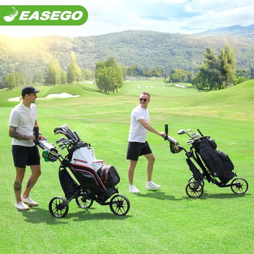 EASEGO Golf Push Cart 3 Wheel : Golf Bag Cart Foldable with Phone Holder/Cup/Umbrella Holder Compact Golf Pull Carts Quick Fold Golf Caddy Push Carts with Large Wheelbase for Different Terrain(Black)