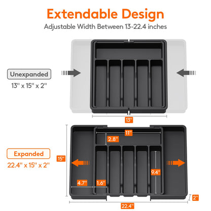 Lifewit Large Silverware Drawer Organizer, Expandable Utensil Tray for Kitchen, BPA Free Flatware and Cutlery Holder, Adjustable Plastic Storage for Spoons Forks Knives, Large, Black
