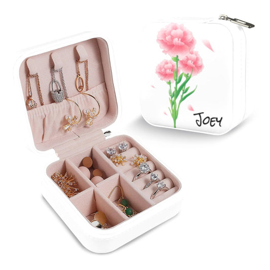 Personalized Jewelry Box With Name and Flower Custom Travel Leather Jewelry Organizer Box for Women Maid of Honor Gifts Birthday Valentine's Day Christmas Gifts for Girls Girfriend Mom