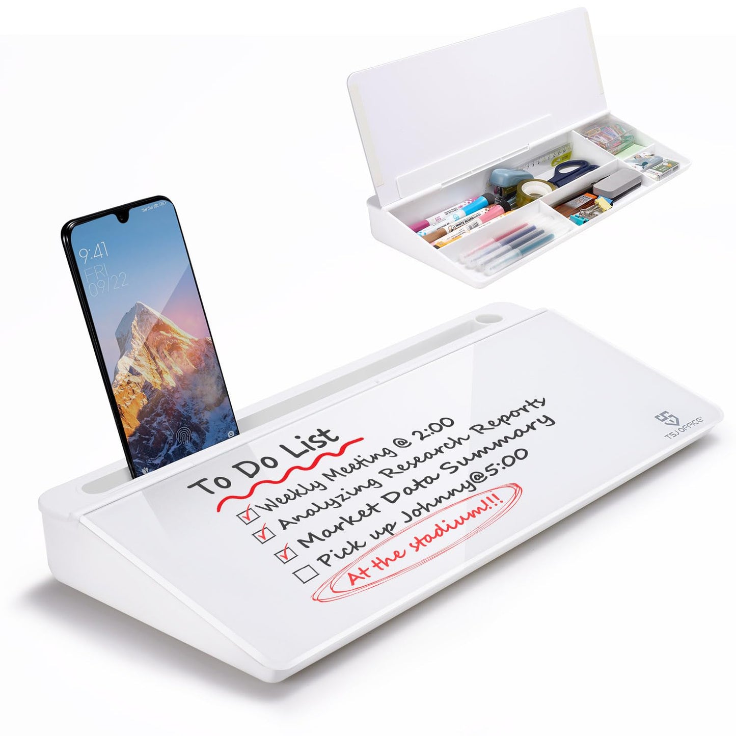 Small Glass Desktop Whiteboard Dry-Erase-Board - Computer Keyboard Stand White Board Surface Pad with Drawer, Desk Organizers with Accessories for Office, Home, School Supplies