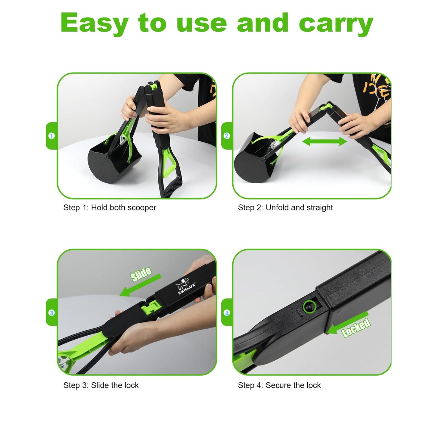 SZHLUX 28" Pooper Scooper, Foldable Dog Pooper Scooper with Unbreakable Material and Durable Spring for Grass and Gravel, Green