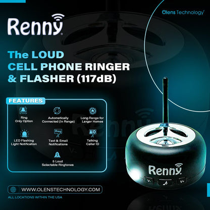 RENNY - Loud Cell Phone Ringer, Amplifier & Flasher for Hearing Impaired & Noisy Environments (117dB) | Wireless Bluetooth Auto-Connect | 5 Selectable Ringtones | No Missed Calls