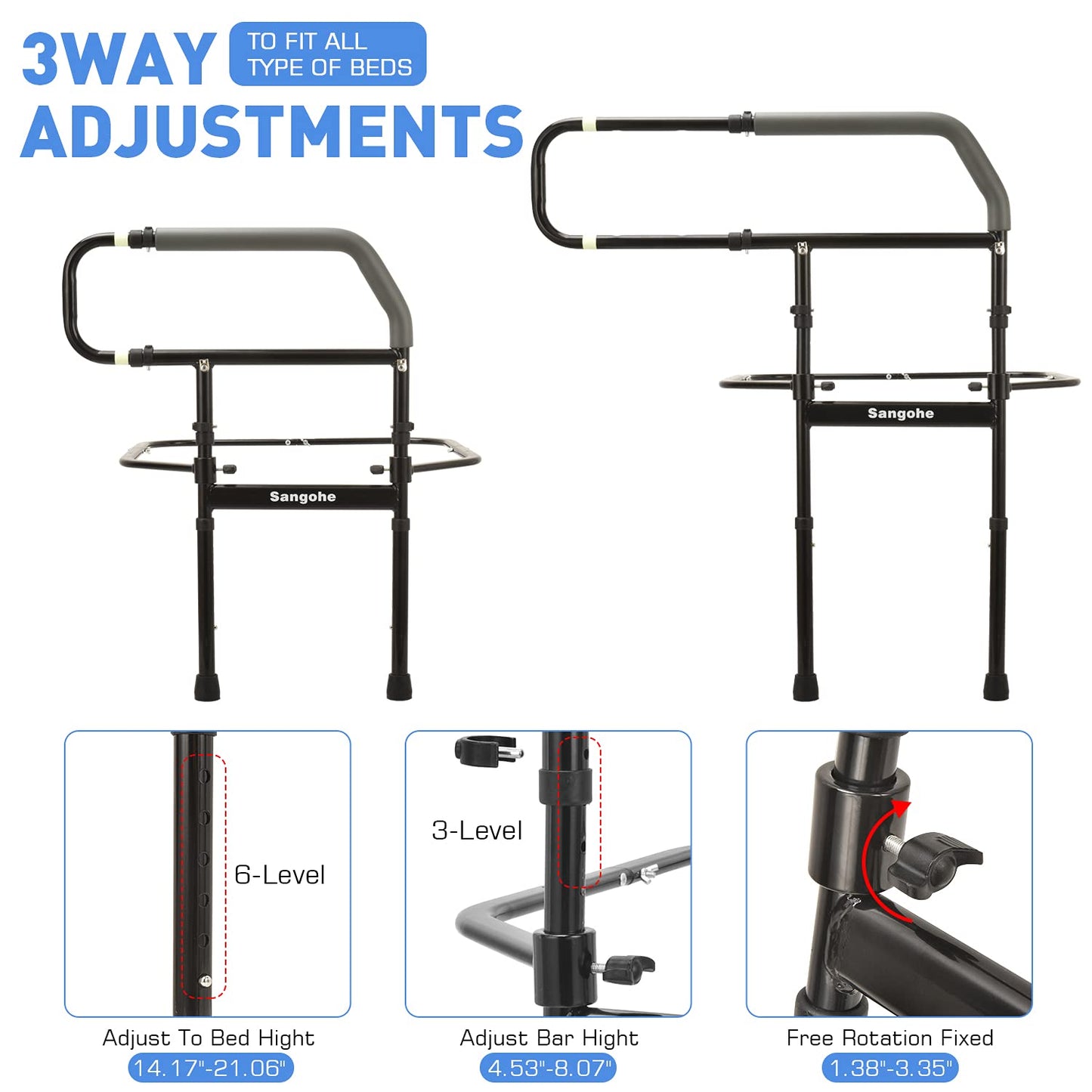 Sangohe Bed Rail for Elderly, Bed Assist Grab Bar Handle with Storage Pocket, Safety Bed Rails for Elderly Adults Getting in & Out of Bed at Home and Dorm - Fit King, Queen, Full, Twin