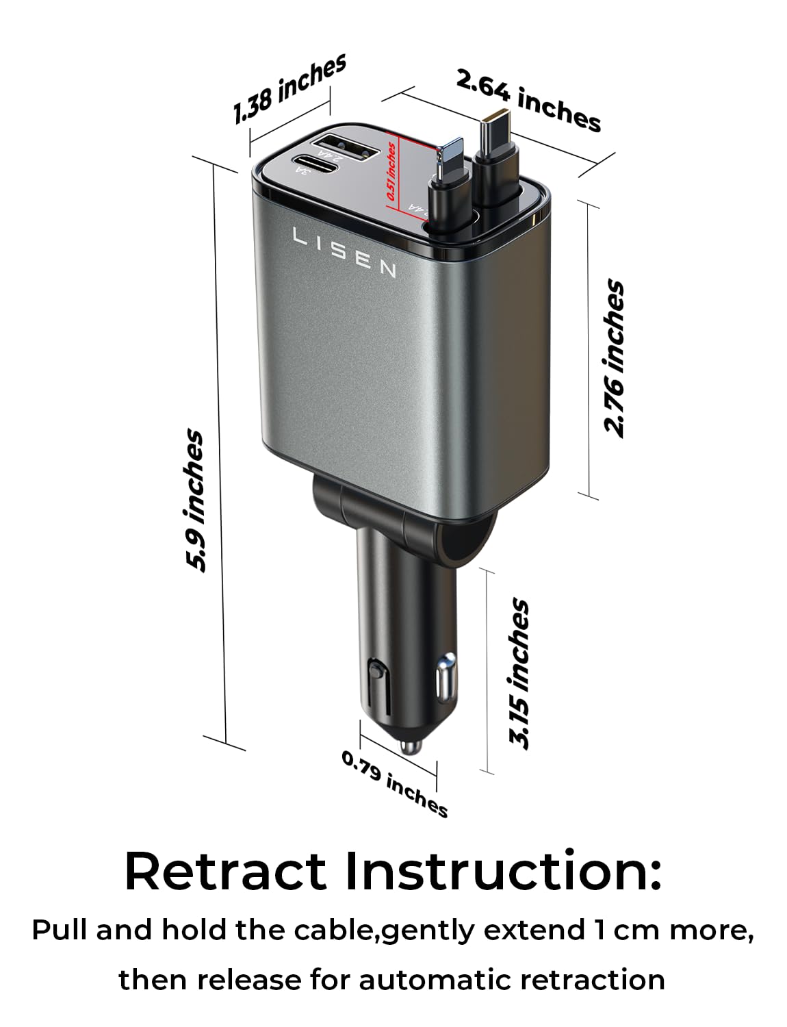 LISEN Retractable Car Charger [69W USB C Car Accessories Adapter ]for iPhone 16 USB C Charger Fast Charging, Gifts Mothers Day Travel Essentials for Women Men, Road Trip Essentials for iPhone 16 15 14