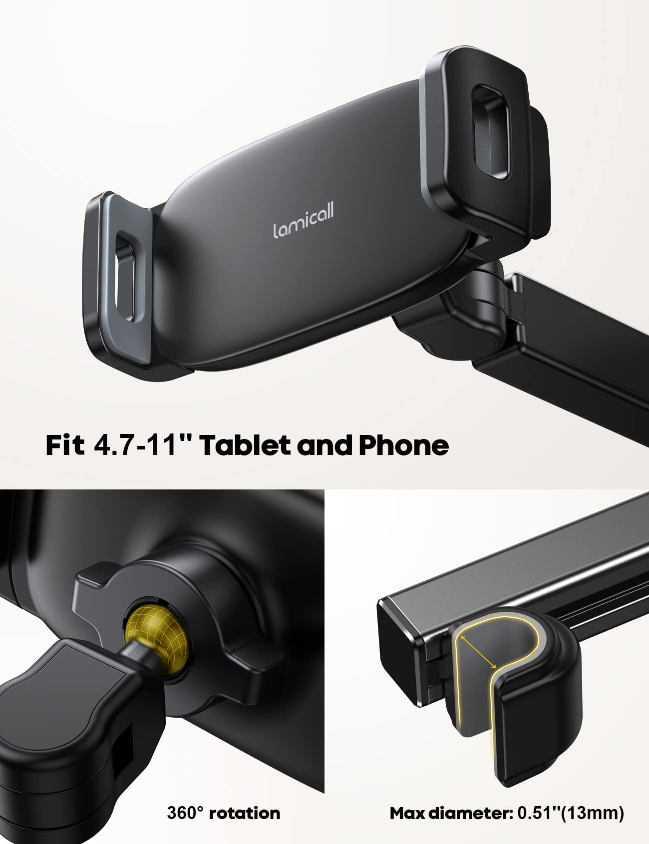 Lamicall Car Headrest Tablet Holder - [3 in 1 Extension Arm] Adjustable Tablet Car Mount for Back Seat, Road Trip Essentials for Kids, for 4.7-11" Device Like iPad Pro, Air, Mini, Galaxy, Fire, Black