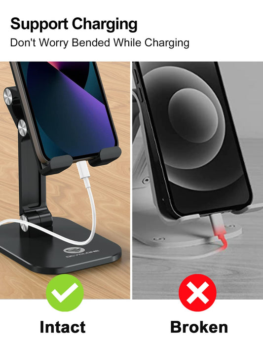OCYCLONE Phone Stand, Adjustable Height and Angle Foldable Cell Phone Stand Holder for Desk, Taller iPhone Stand Compatible with 4.7"-13" Smartphones iPad Tablet, Black