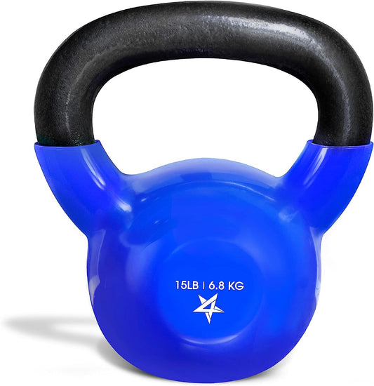 Yes4All 15 lb Kettlebell Weight Vinyl Coated Cast Iron for Dumbbell Weights Exercises, Gym, Fitness, Full Body Workout Equipment Push up, Grip and Strength Training, Blue