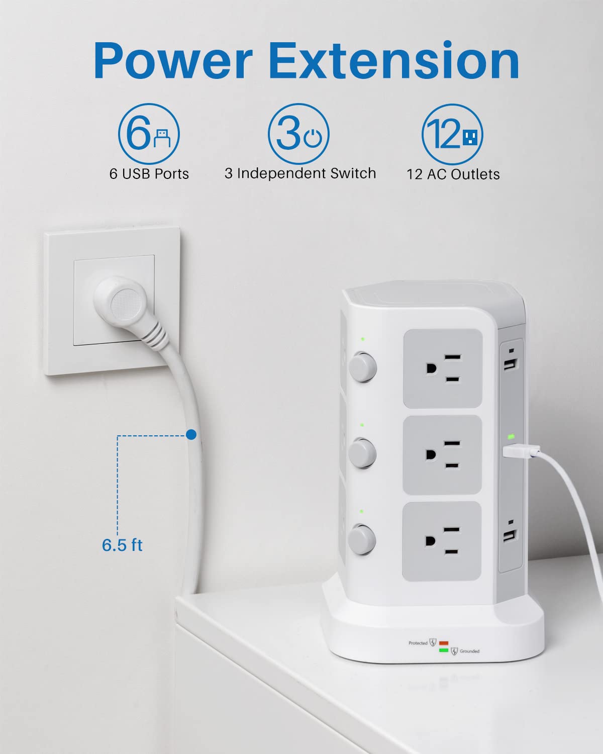 Power Strip Tower by KOOSLA, [15A 1500J] Surge Protector - 12 AC Multiple Outlets and 6 USB Ports, Flat Plug 14 AWG Heavy-Duty Extension Cord 6.5ft, Home Office Supplies, Dorm Room Essentials White