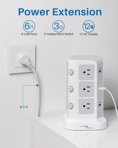 Power Strip Tower by KOOSLA, [15A 1500J] Surge Protector - 12 AC Multiple Outlets and 6 USB Ports, Flat Plug 14 AWG Heavy-Duty Extension Cord 6.5ft, Home Office Supplies, Dorm Room Essentials White