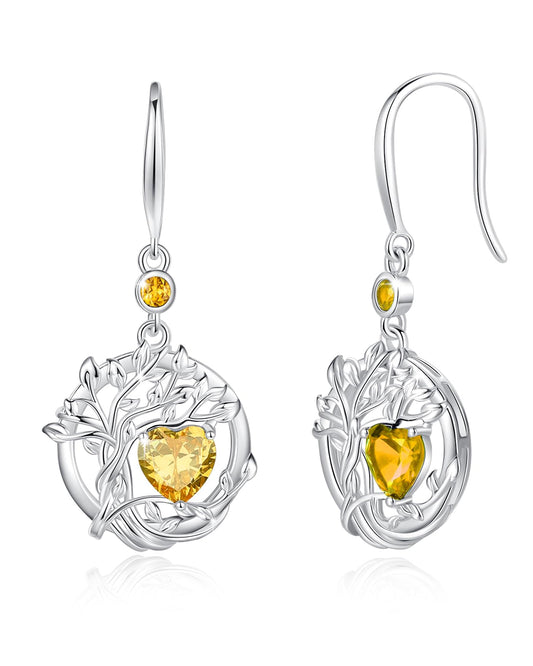 FANCIME Tree of Life Earrings 925 Sterling Silver Dainty Yellow Citrine Dangle Drop Gemstone Earring November Birthstone Fine Jewelry Birthday Gifts for Her Women