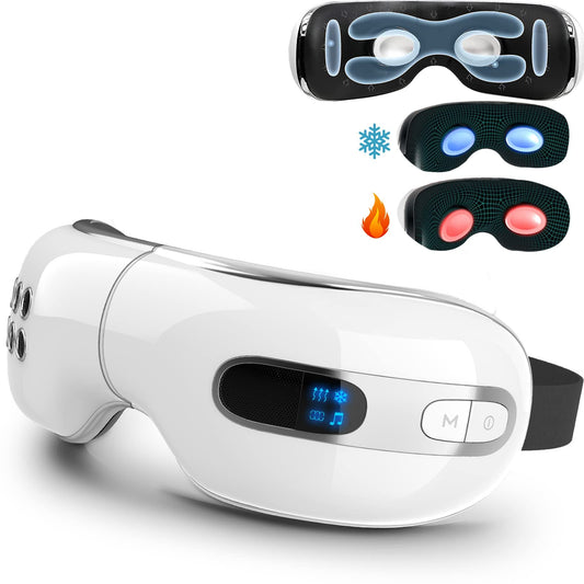 fmlave Eye Massager with Heat and Cooling for Migraines, Dry Eyes, Dark Circles, Rechargeable Bluetooth Music Heat Cold Eye Massager Improve Sleeping - Great Gifts for Woman and Man (White)