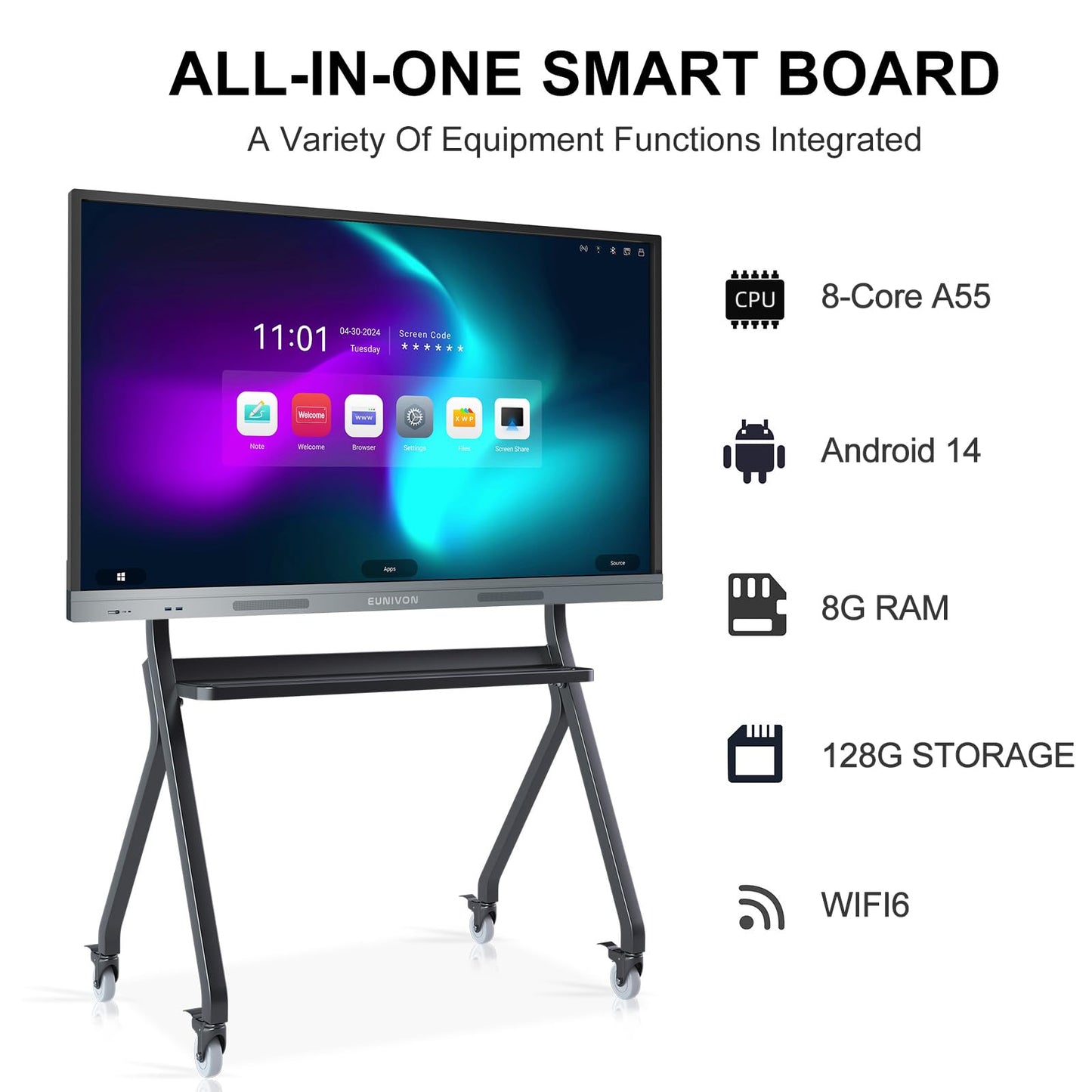 EUNIVON Interactive Whiteboard, 55'' 4K UHD Smart Whiteboard, Interactive Touch Screen Smartboard, Smart Board for Classroom and Business (Wall Mount Included)