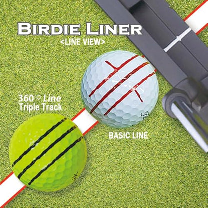 BIRDIE79 Birdie Liner Black Golf Ball Marker Alignment Tool Kit - 360-Degree Triple Line Stencil with 3-Color Pens and Gift Box - Premium Quality
