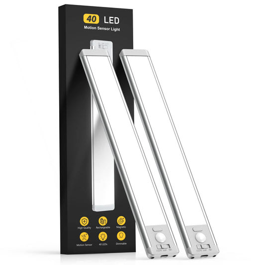 Under Cabinet Lighting,40 LED Rechargeable Battery Operated Motion Sensor Light Indoor, 2 Pack Magnetic Dimmable Closet Lights, Wireless Under Counter Lights for Kitchen, Stairs