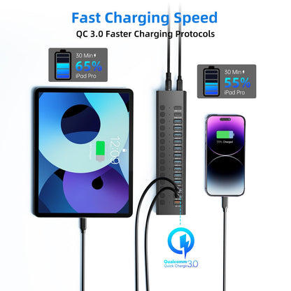 Powered USB 3.0 Hub, 16-Port USB C Hub Splitter (10 USB 3.0+2 QC 3.0+2 Smart Charging+2 USB-C 3.0) with Individual Switches, 12V 7.5A 90W UL Certified Power Adapter for Laptop, Mac, PC, Computer
