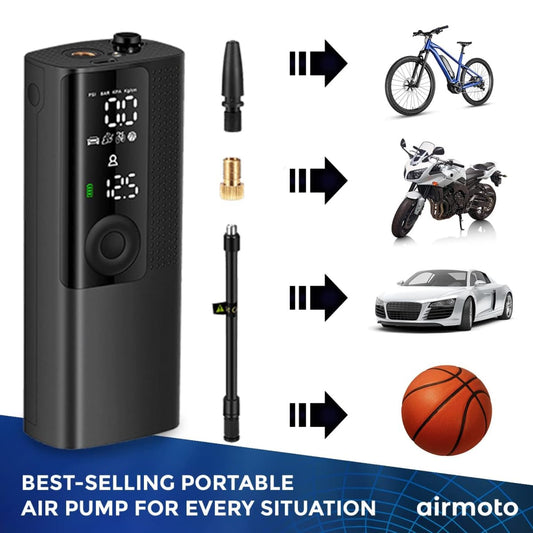 Airmoto Tire Inflator Portable Air Compressor - Air Pump For Car Tires with Digital Pressure Gauge, LED Light and Auto Shut-Off Function - Cordless Pump for Car, Motorcycle, Bicycle, Balls and More