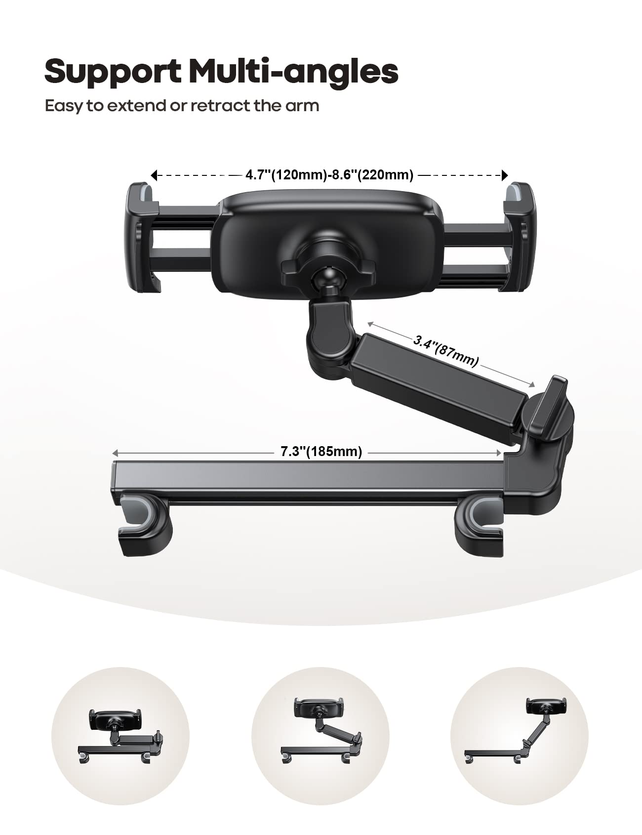 Lamicall Car Headrest Tablet Holder - [3 in 1 Extension Arm] Adjustable Tablet Car Mount for Back Seat, Road Trip Essentials for Kids, for 4.7-11" Device Like iPad Pro, Air, Mini, Galaxy, Fire, Black