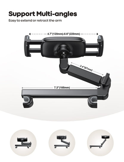 Lamicall Car Headrest Tablet Holder - [3 in 1 Extension Arm] Adjustable Tablet Car Mount for Back Seat, Road Trip Essentials for Kids, for 4.7-11" Device Like iPad Pro, Air, Mini, Galaxy, Fire, Black