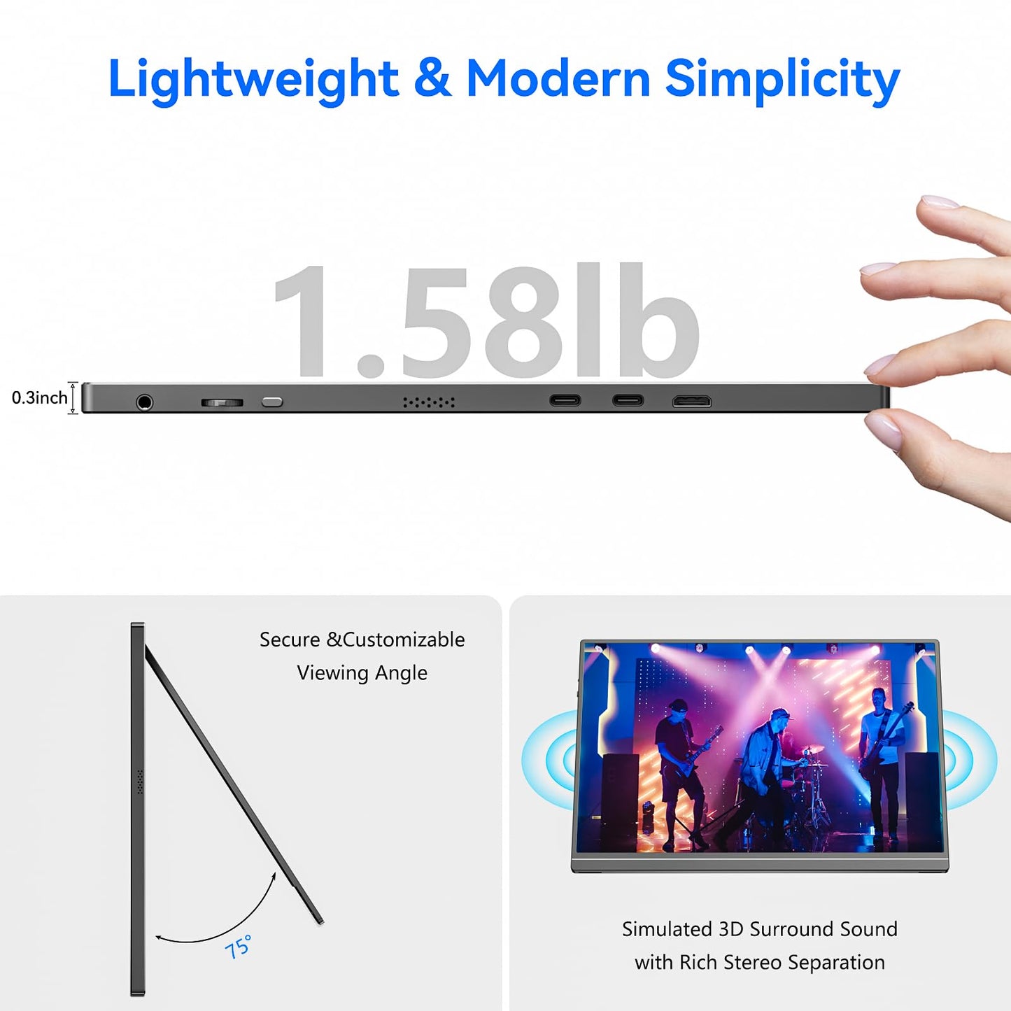 Veout 16" Portable Monitor, 1920 * 1200P IPS Laptop Screen with USB-C, HDMI Gaming Monitor Featuring a Kickstand, 0.3" Ultra-Slim for Travel and Office Use