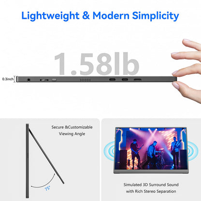 Veout 16" Portable Monitor, 1920 * 1200P IPS Laptop Screen with USB-C, HDMI Gaming Monitor Featuring a Kickstand, 0.3" Ultra-Slim for Travel and Office Use