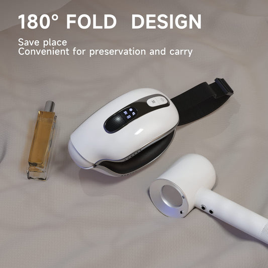 fmlave Eye Massager with Heat and Cooling for Migraines, Dry Eyes, Dark Circles, Rechargeable Bluetooth Music Heat Cold Eye Massager Improve Sleeping - Great Gifts for Woman and Man (White)