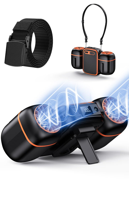 Dogean 2025 Portable Waist Fan with Dual Small Fans for 10 times Strong Wind & Wide Cooling Area 10000mAh Battery Over 30H Working Time Hands-Free Fan with Belt for Outdoor, Sports, Travel(223A黑橘色