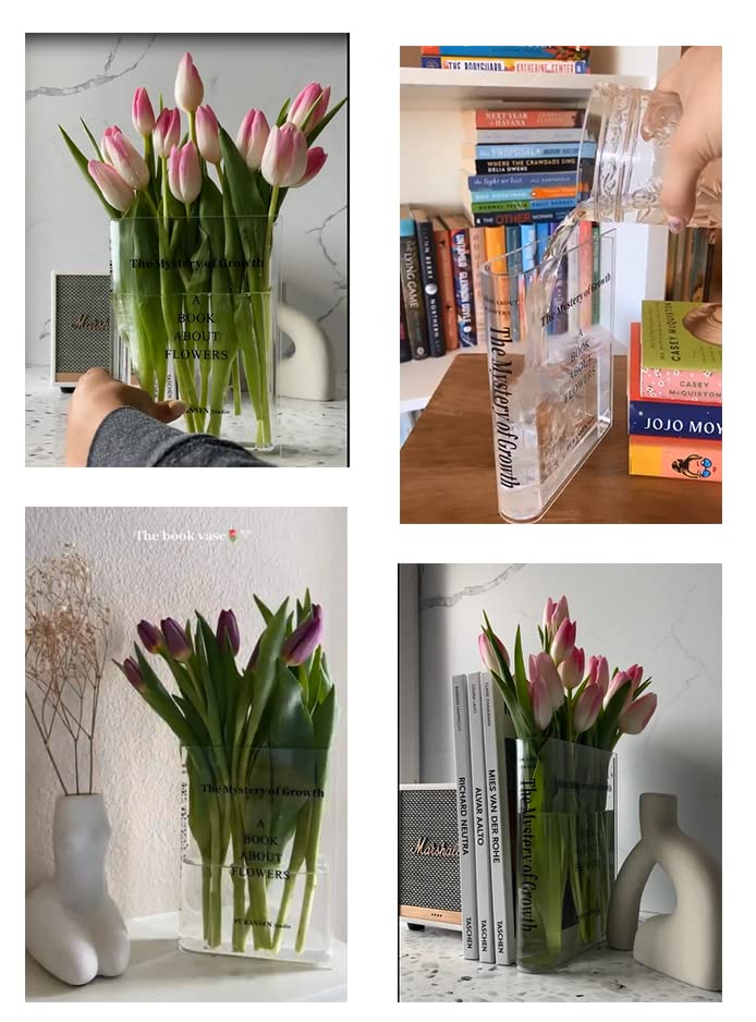 Puransen Clear Book Flower Vase - Floral Bookshelf Decor, Acrylic Flower Holder & Space-Saving Organizer, Modern Home Office/Study Desk Minimalist Aesthetic (Not Including Flowers)