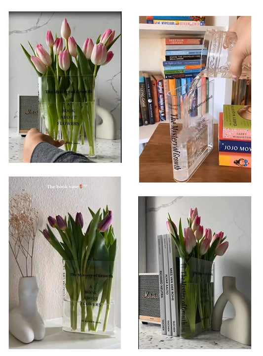 Puransen Clear Book Flower Vase - Floral Bookshelf Decor, Acrylic Flower Holder & Space-Saving Organizer, Modern Home Office/Study Desk Minimalist Aesthetic (Not Including Flowers)