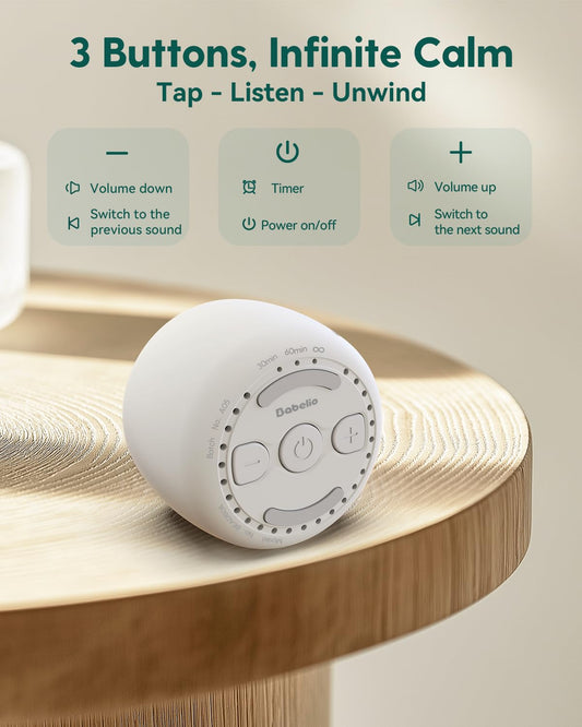 Babelio White Noise Sound Machine for Adults Kids Baby, Portable Travel Sound Machine for Sleep, Mini Size, 15 Non-looping Sounds, Timer, Memory Function, Easy to Pocket and Travel White