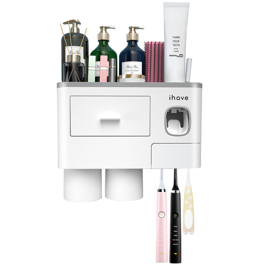 iHave Toothbrush Holders for Bathrooms, 2 Cups Toothbrush Holder Wall Mounted with Toothpaste Dispenser - Large Capacity Tray, Cosmetic Drawer - Bathroom Decor & Bathroom Accessories