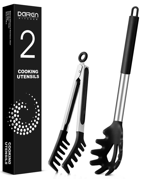 Spaghetti Spoon and Pasta Tong, Non-stick Silicone Spoon Server Fork with teeth and Stainless Steel Handle Spaghetti Tong, Food Clip for Spaghetti Noodle (BLACK)
