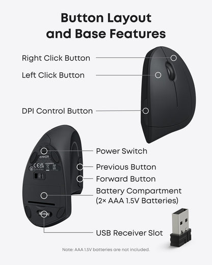 Anker 2.4G Wireless Vertical Ergonomic Optical Mouse For Work, Multi-Device Connectivity, 800 / 1200 /1600 DPI, 5 Buttons for Laptop, Desktop, PC - Black