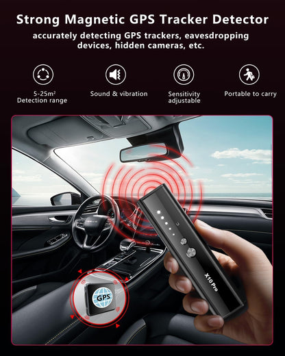 Hidden Camera Detectors X10 Pro, Accurate Anti Spy Camera/ Bug Sweeper/ GPS Tracker Detector Hidden Camera Finder with Flashlight, Hidden Devices Detector for Hotels Travel Airbnb Car Office (Silver)