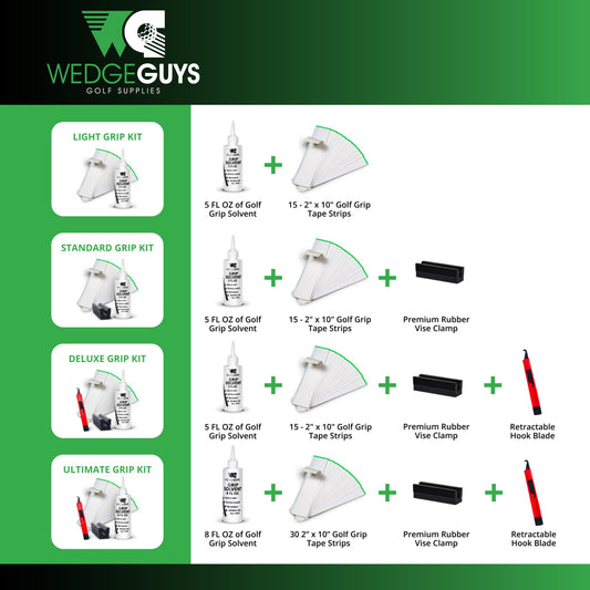 Wedge Guys Golf Grip Kits for Regripping Golf Clubs - Professional Quality - Options Include Hook Blade, 15 or 30 Tape Strips, 5 or 8 oz Solvent, Grip Tape Remover, Bench Vise & Rubber Clamp