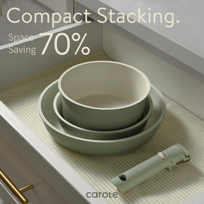CAROTE Pots and Pans Set, Nonstick Cookware Set Detachable Handle, 15pcs Induction Kitchen Cookware Sets Non Stick with Removable Handle, RV Cookware Set, Oven Safe, Sage Green