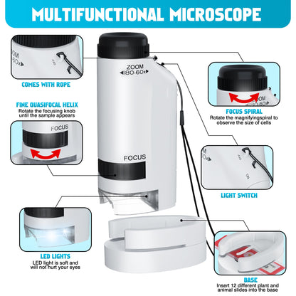 Portable Microscope for Kids Zoom 60x-180x,Handheld Mini Microscope STEM & Science Toys,LED Pocket Little Scientist Microscopes with 12pcs Slides,Gifts for 6,7,8,9,10+ Girls Boys（Blue&White）