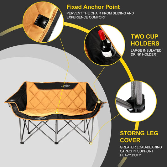 FAIR WIND Oversized Fully Padded Camping Chair Folding Loveseat Camping Couch Double Duo Chair Heavy Duty Quad Fold Chair Arm Chair with Cup Hold - Supports 650 LBS Orange